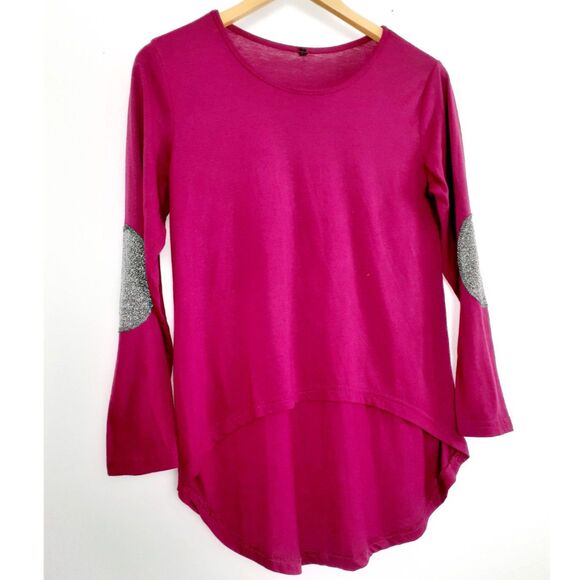 Silver Sequin Elbow Patch Fuchsia Hi-Low Hem Long Sleeve Top Size Medium - Picture 4 of 11